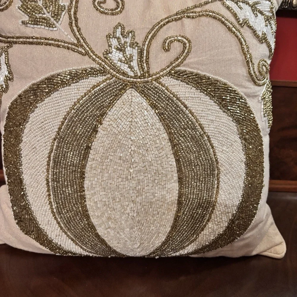 Pier 1 Beaded Pumpkin‎ Throw Pillow Ivory Gold Fall Harvest Decor 14
